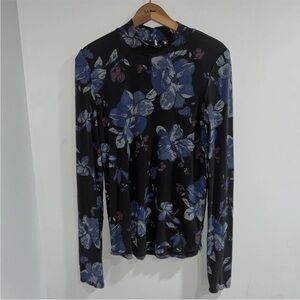 Free People Black and Blue Floral Long Sleeve Top